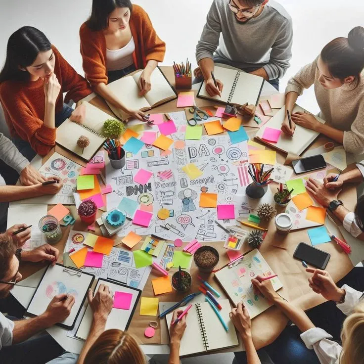Colleagues collaborating around shared desk